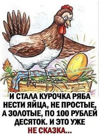 ги сЁААА КУРОЧКА гявА нести ЯЙЦА нв простые А зомтыв по 100 РУБАЕИ десяток и это уже НЕ скдзкд