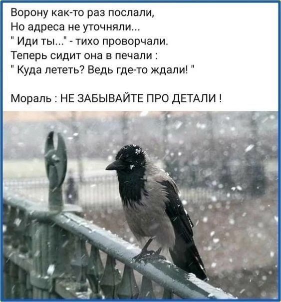 Ворону как то раз послали Но адреса не уточнили Иди ты тихо проворчапи Теперь сидит она в печали Куда лететь Ведь где то ждали Мораль НЕ ЗАБЫВАЙТЕ про дЕТАЛИ