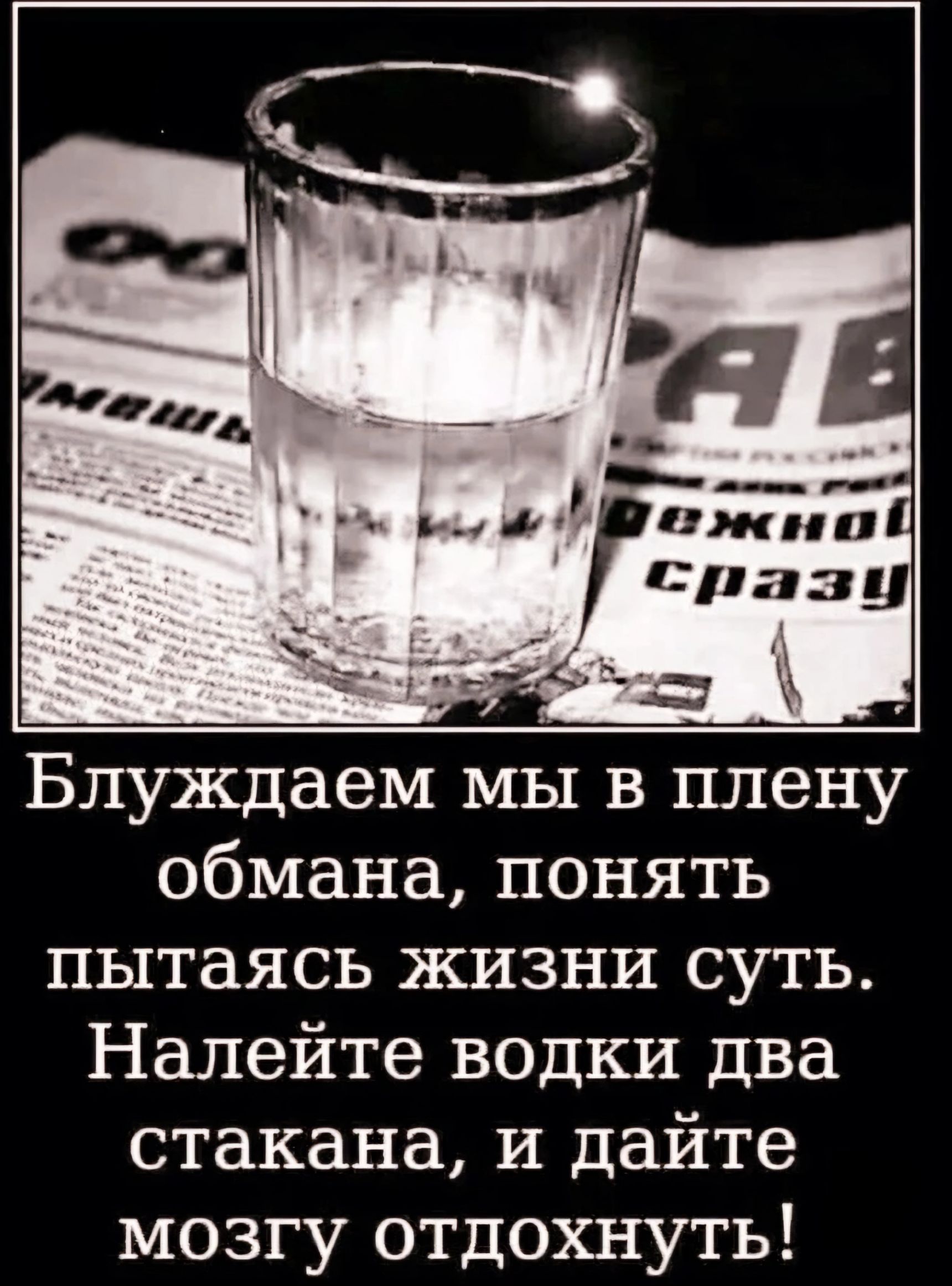 Блуждаем мы в плену обмана понять пытаясь жизни суть Налейте водки два стакана и дайте мозгу отдохнуть