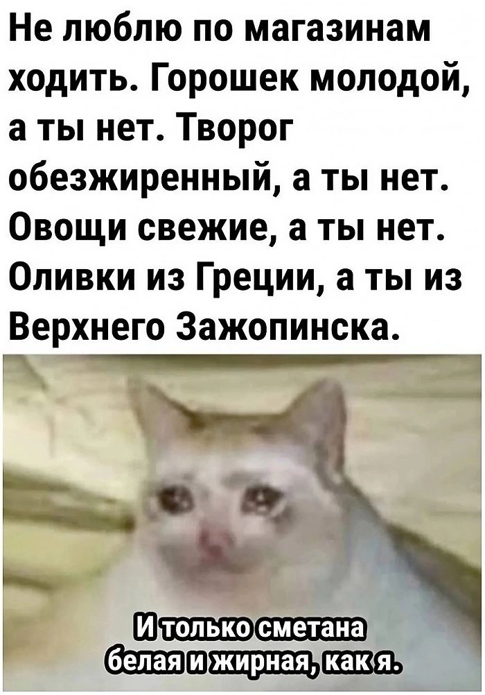 Не люблю по магазинам ходить Горошек молодой а ты нет Творог обезжиренный а ты нет Овощи свежие а ты нет Оливки из Греции 3 ты из Верхнего Зажопинска Ю_ шшгь
