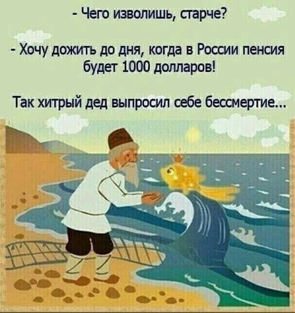 Чего изволишь сгарче Хочу дожигь до дня когда в России пенсия будет 1000 долларов Так хитрый дед выпросил шбе беощертие