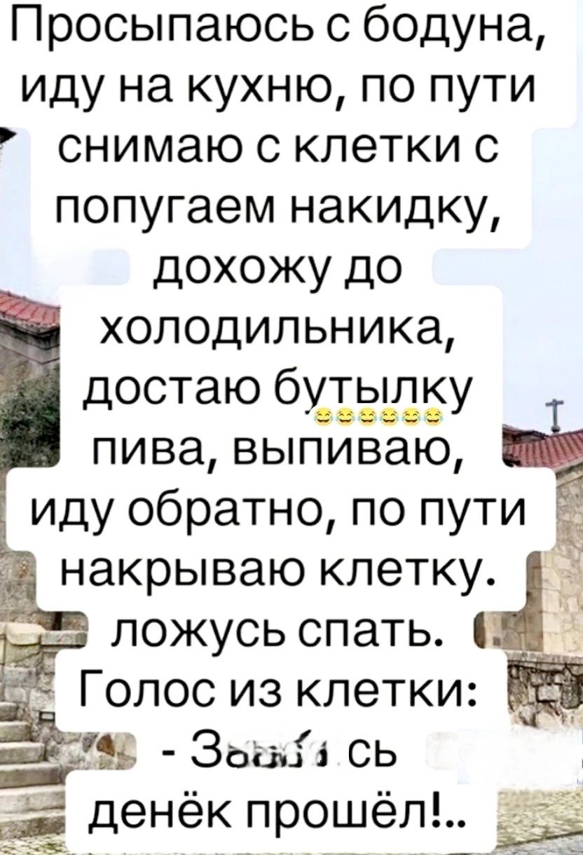 Просыпаюсь с бодуна иду на кухню по пути снимаю с клетки с попугаем накидку дохожу до холодильника достаю бдэдБУ пива выпиваю иду обратно по пути накрываю клетку ложусь спать О Голос из клетки __91 __Зьы сп денек прошел