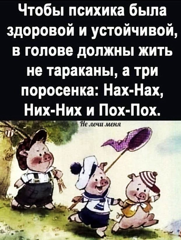 Чтобы психика была здоровой и устойчивой в голове должны жить не тараканы а три поросенка Нах Нах Них Них и Пох Пох