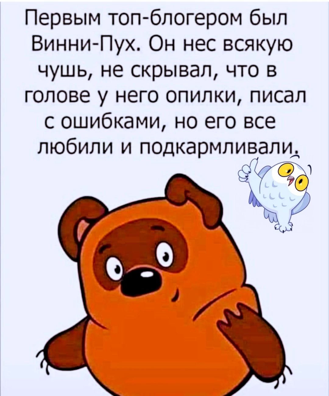 Первым топ блогером был Винни Пух Он нес всякую чушь не скрывал что в голове у него опилки писал с ошибками но его все любили и подкармливали