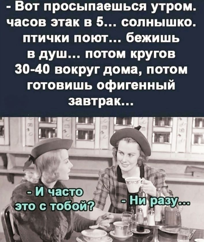 Вот просыпаешься утром часов этак в 5 солнышко птички поют бежишь в душ потом кругов 30 40 вокруг дома потом готовишь офигенный завтрак _э_то с Ёобой у