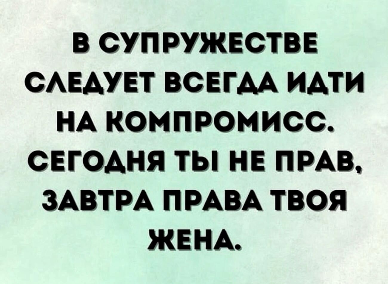 В СУПРУЖЕСТВЕ СЛЕДУЕТ ВСЕГДА ИДТИ НА КОМПРОМИСС СЕГОДНЯ ТЫ НЕ ПРАВ ЗАВТРА ПРАВА ТВОЯ ЖЕНА