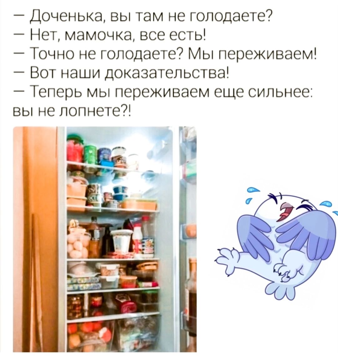 — Доченька, вы там не голодаете?  
— Нет, мамочка, все есть!  
— Точно не голодаете? Мы переживаем!  
— Вот наши доказательства!  
— Теперь мы переживаем еще сильнее: вы не лопнете?!