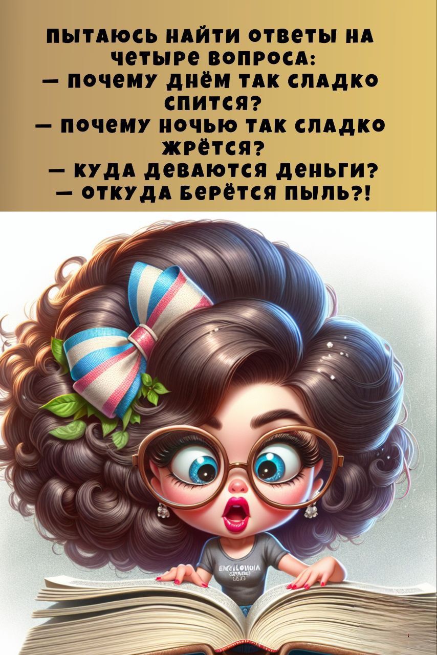 пытаюсь найти ответы на четыре вопроса:
— почему днём так сладко спится?
— почему ночью так сладко жрётся?
— куда деваются деньги?
— откуда берётся пыль?!
