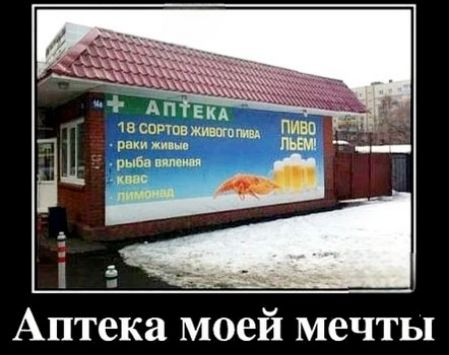 Аптека моей мечты
18 сортов живого пива
раки живые
рыба вяленая
квас
лимонада
ПИВО ЛЬЁМ!