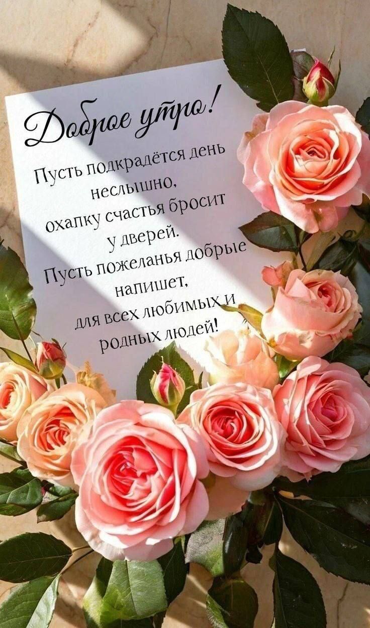 Доброе утро! Пусть подкрасится день неслышно, охапку счастья бросит у дверей. Пусть пожелания добрые напишет, для всех любимых и родных людей!