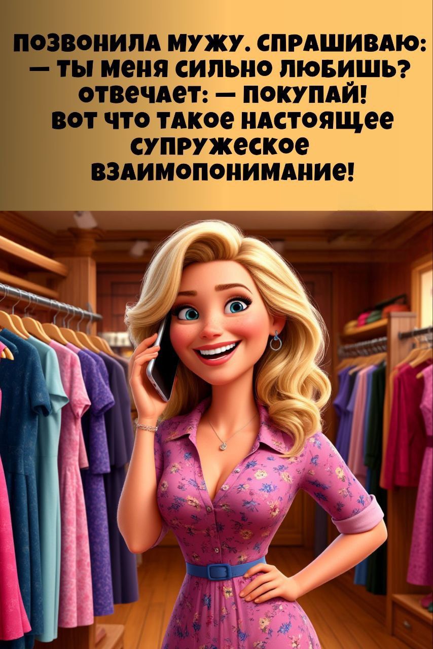 ПОЗВОЛИЛА МУЖУ. СПРАШИВАЮ: — ТЫ МЕНЯ СИЛЬНО ЛЮБИШЬ? ОТВЕЧАЕТ: — ПОКУПАЙ! ВОТ ЧТО ТАКОЕ НАСТОЯЩЕЕ СУПРУЖЕСКОЕ ВЗАИМОПОНИМАНИЕ!