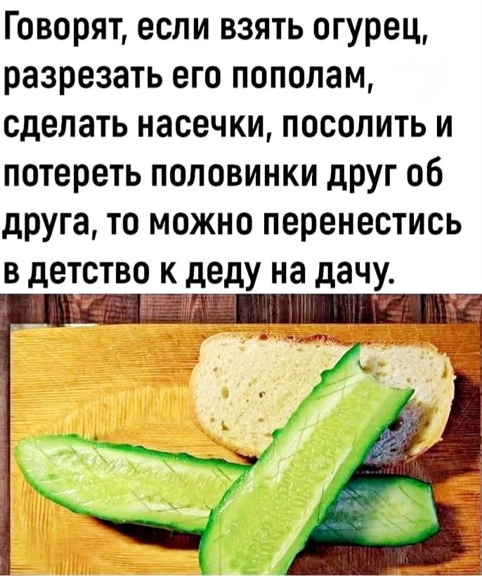 Говорят, если взять огурец, разрезать его пополам, сделать насечки, посолить и потереть половинки друг об друга, то можно перенестись в детство к деду на дачу.