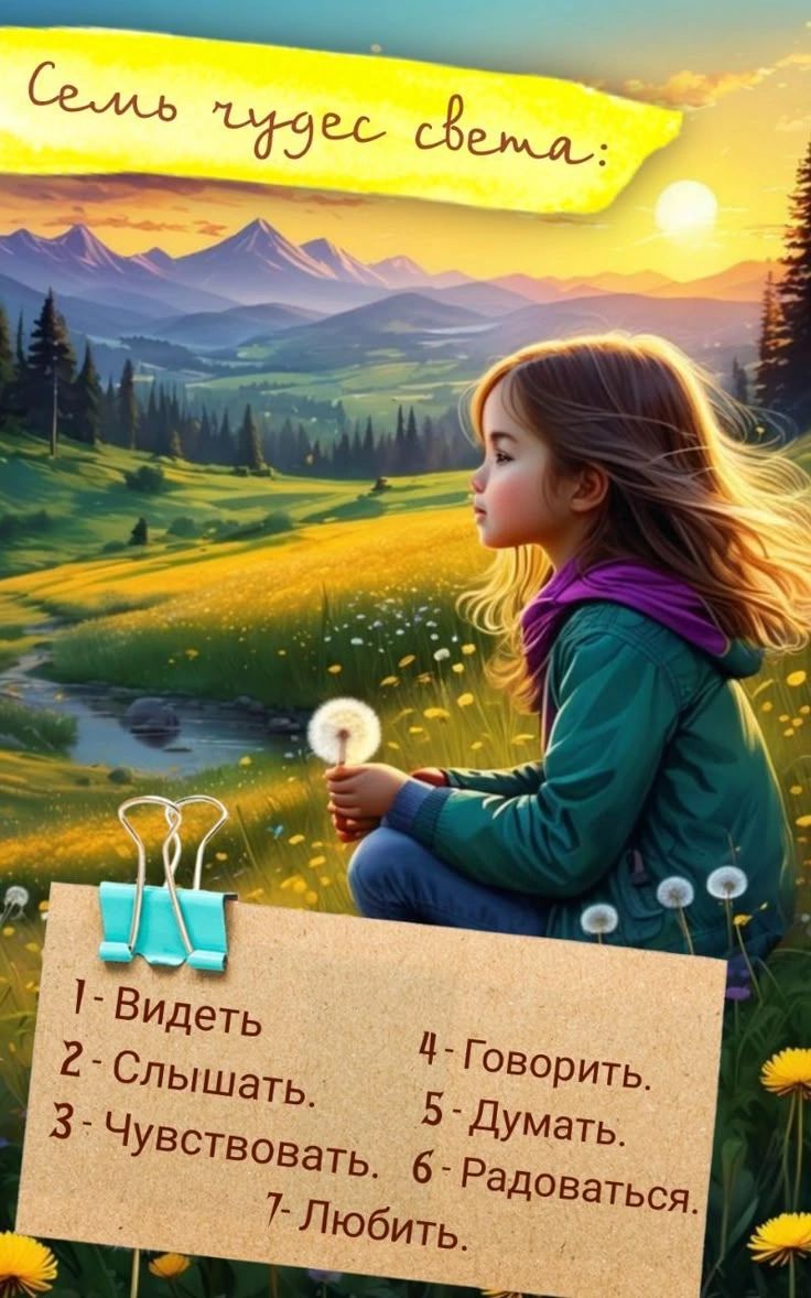 Семь чудес света:
1 - Видеть
2 - Слышать
3 - Чувствовать
4 - Говорить
5 - Думать
6 - Радоваться
7 - Любить