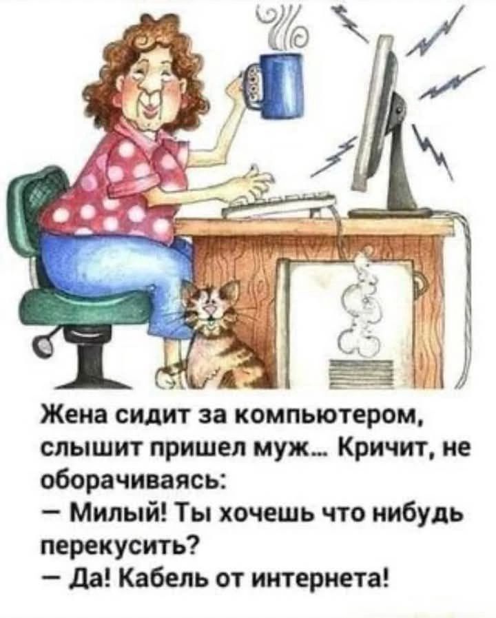 Жена сидит за компьютером, слышит пришел муж... Кричит, не оборачиваясь: — Милый! Ты хочешь что-нибудь перекусить? — Да! Кабель от интернета!