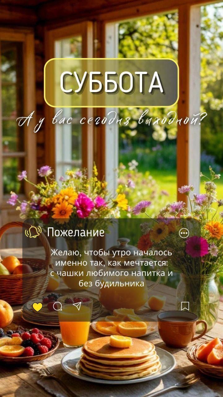 СУББОТА
А у вас сегодня выходной?

Пожелание
Желаю, чтобы утро началось именно так, как мечтается: с чашки любимого напитка и без будильника