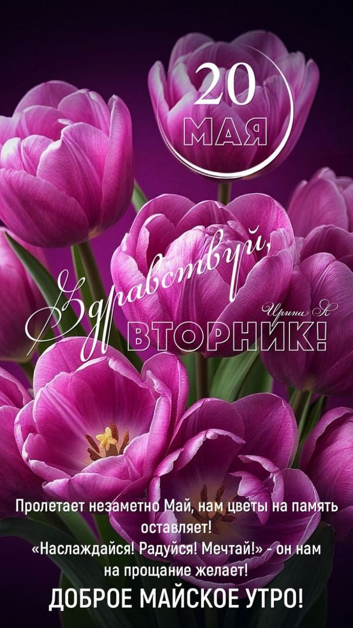 20 МАЯ
Здравствуй, Вторник!
Пролетает незаметно Май, нам цветы на память оставляет!
«Наслаждайся! Радуйся! Мечтай!» он нам на прощание желает!
ДОБРОЕ МАЙСКОЕ УТРО!
