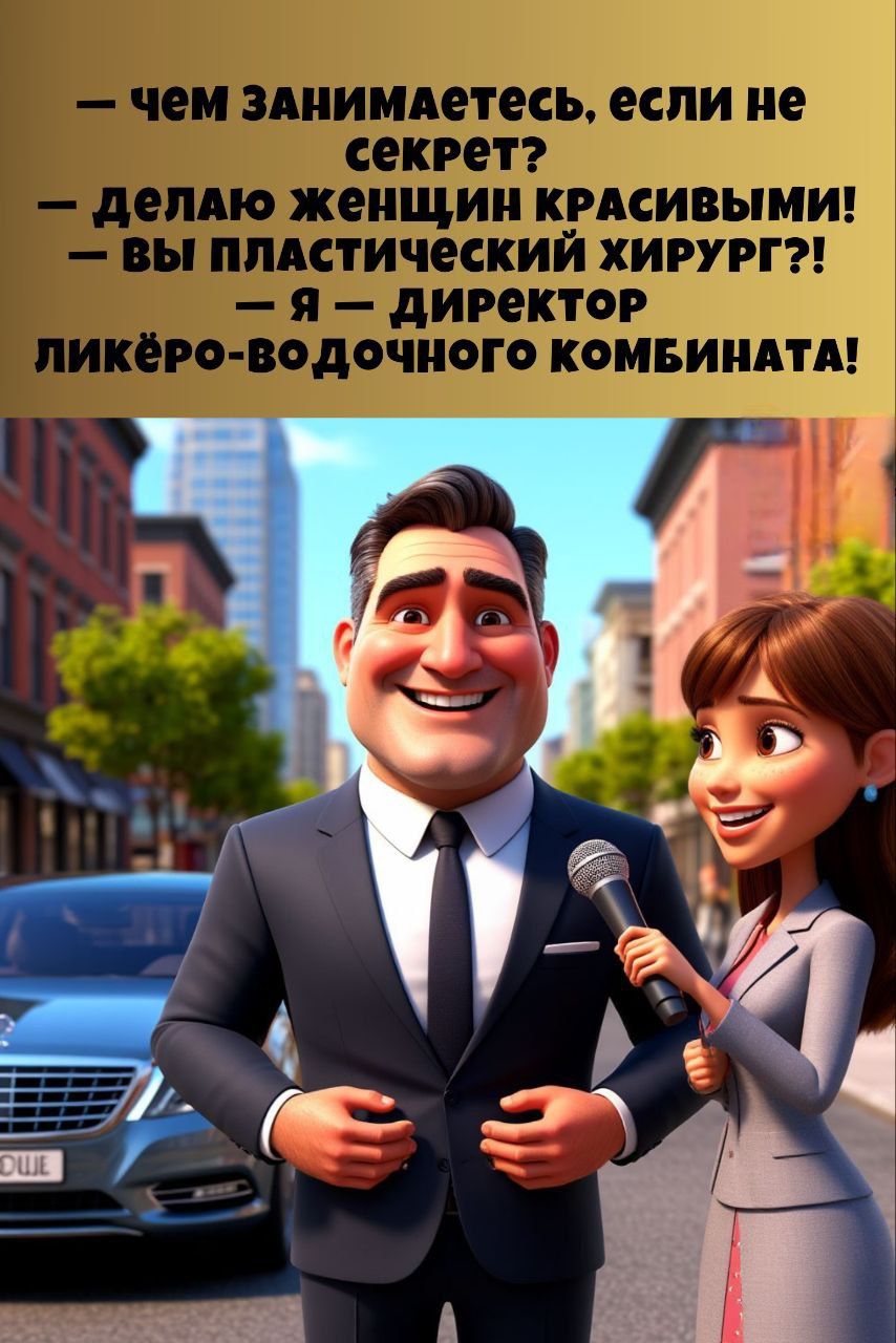 — Чем занимаетесь, если не секрет?
— Делаю женщин красивыми!
— Вы пластический хирург?!
— Я — директор ликёро-водочного комбината!