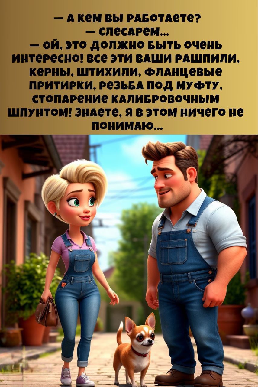 — А кем вы работаете?  — слесарем...  — ой, это должно быть очень интересно! все эти ваши рашпили, керны, штихели, фланцевые притирки, резьба под муфту, стопарение калибровочным шлунтом! знаете, я в этом ничего не понимаю...