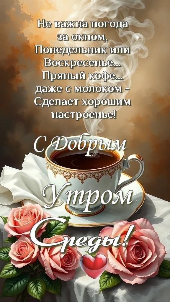 Не важна погода за окном, Понедельник или Воскресенье... Пряный кофе... даже с молоком - Сделает хорошим настроенье! С Добрым Утром Среды!