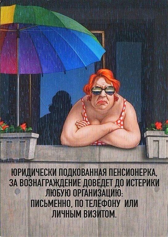 Юридически подкованная пенсионерка, за вознаграждение доведет до истерики любую организацию: письменно, по телефону или личным визитом.
