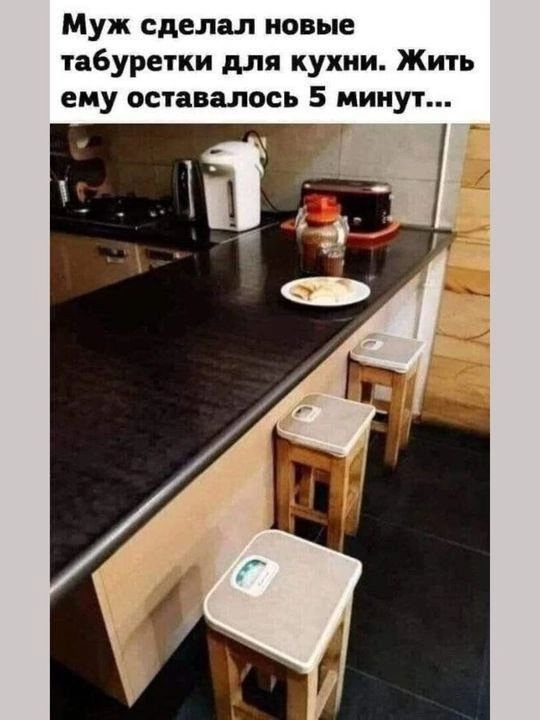Муж сделал новые табуретки для кухни. Жить ему осталось 5 минут...
