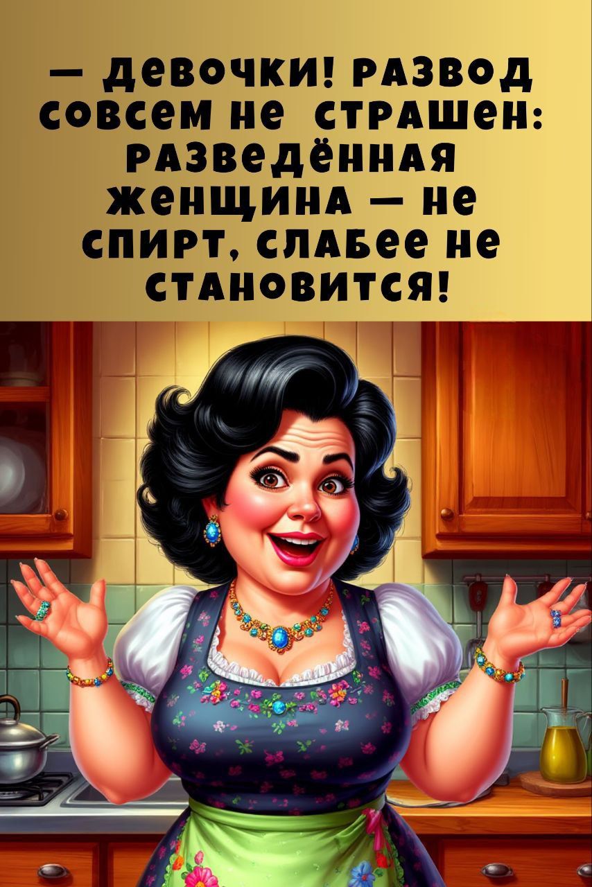 — Девочки! развод совсем не страшен: разведённая женщина — не спит, слабее не становится!