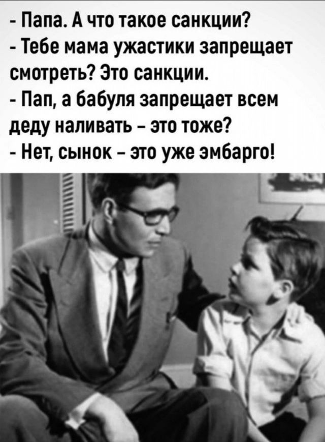 Папа. А что такое санкции? Тебе мама ужастики запрещает смотреть? Это санкции. Пап, а бабушка запрещает всем деду наливать – это тоже? Нет, сынок – это уже эмбарго!