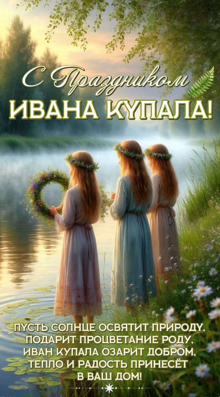 С Праздником ИВАНА КУПАЛА! ПУСТЬ СОЛНЦЕ ОСВЕТИТ ПРИРОДУ, ПОДАРИТ ПРОЦВЕТАНИЕ РОДУ. ИВАН КУПАЛА ОЗАРИТ ДОБРОМ, ТЕПЛО И РАДОСТЬ ПРИНесёт В ВАШ ДОМ!