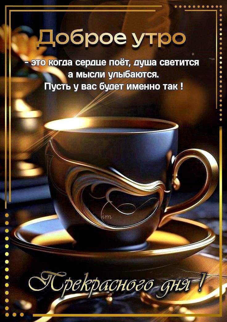 Доброе утро
- это когда сердце поёт, душа светится - а мысли улыбаются.
Пусть у вас будет именно так !
Прекрасного дня !