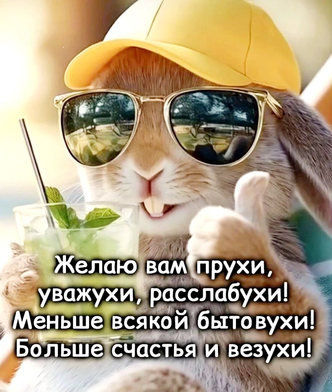 Желаю вам прухи, уважухи, расслабухи! Меньше всякой бытовухи! Больше счастья и безу́хи!