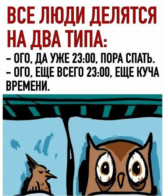 ВСЕ ЛЮДИ ДЕЛЯТСЯ НА ДВА ТИПА:
- ОГО, ДА УЖЕ 23:00, ПОРА СПАТЬ.
- ОГО, ЕЩЕ ВСЕГО 23:00, ЕЩЕ КУЧА ВРЕМЕНИ.