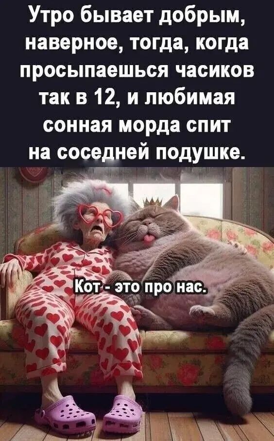 Утро бывает добрым, наверное, тогда, когда просыпаешься часиков так в 12, и любимая сонная морда спит на соседней подушке.
Кот - это про нас.