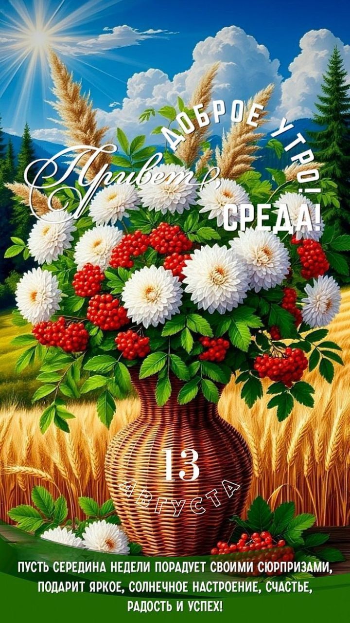 Привет! Доброе утро! СРЕДА! 13 АВГУСТА ПУСТЬ СРЕДИНА НЕДЕЛИ ПОРАДУЕТ СВОИМИ СЮРПРИЗАМИ, ПОДАРИТ ЯРКОЕ, СОЛНЕЧНОЕ НАСТРОЕНИЕ, СЧАСТЬЕ, РАДОСТЬ И УСПЕХ!
