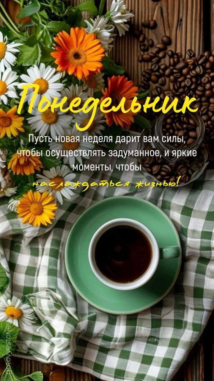 Понедельник
Пусть новая неделя дарит вам силы, чтобы осуществлять задуманное, и яркие моменты, чтобы наслаждаться жизнью!
