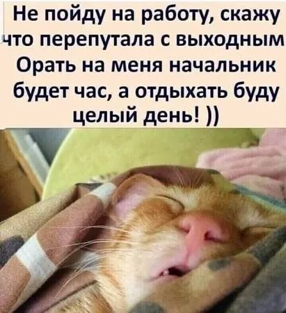 Не пойду на работу, скажу что перепутала с выходным. Орать на меня начальник будет час, а отдыхать буду целый день! ))