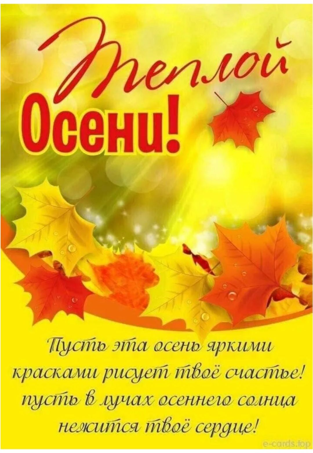 Теплой Осени!

Пусть эта осень яркими красками рисует твое счастье! 
пусть в лучах осеннего солнца нежится твое сердце!