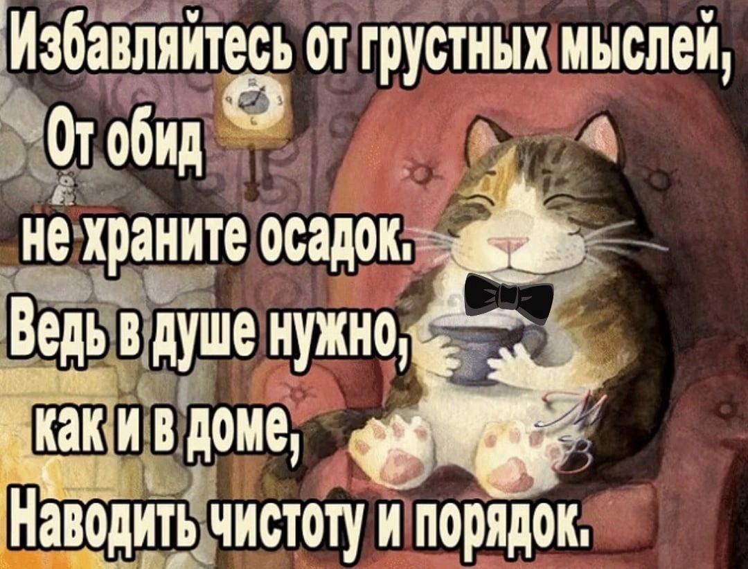 Избавляйтесь от грустных мыслей, От обид не храните осадок. Ведь в душе нужно, как и в доме, Наводить чистоту и порядок.