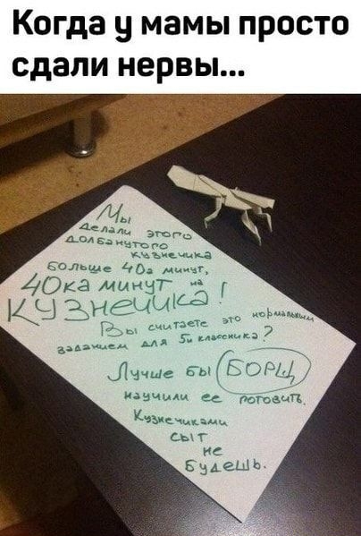 Когда у мамы просто сдали нервы...

Мы делали этого долбанного кузнечика больше 40 минут, 40ка минут на КУЗНЕЧИКА!
Вы считаете это нормальным заданием для 5 классов?
Лучше бы 