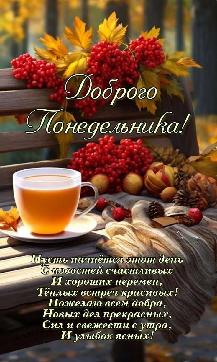 Доброе Понедельника!

Пусть начнётся этот день
С новостей счастливых
И хороших перемен,
Тёплых встреч красивых!
Пожелаю всем добра,
Новых дел прекрасных,
Сил и свежести с утра,
И улыбок ясных!