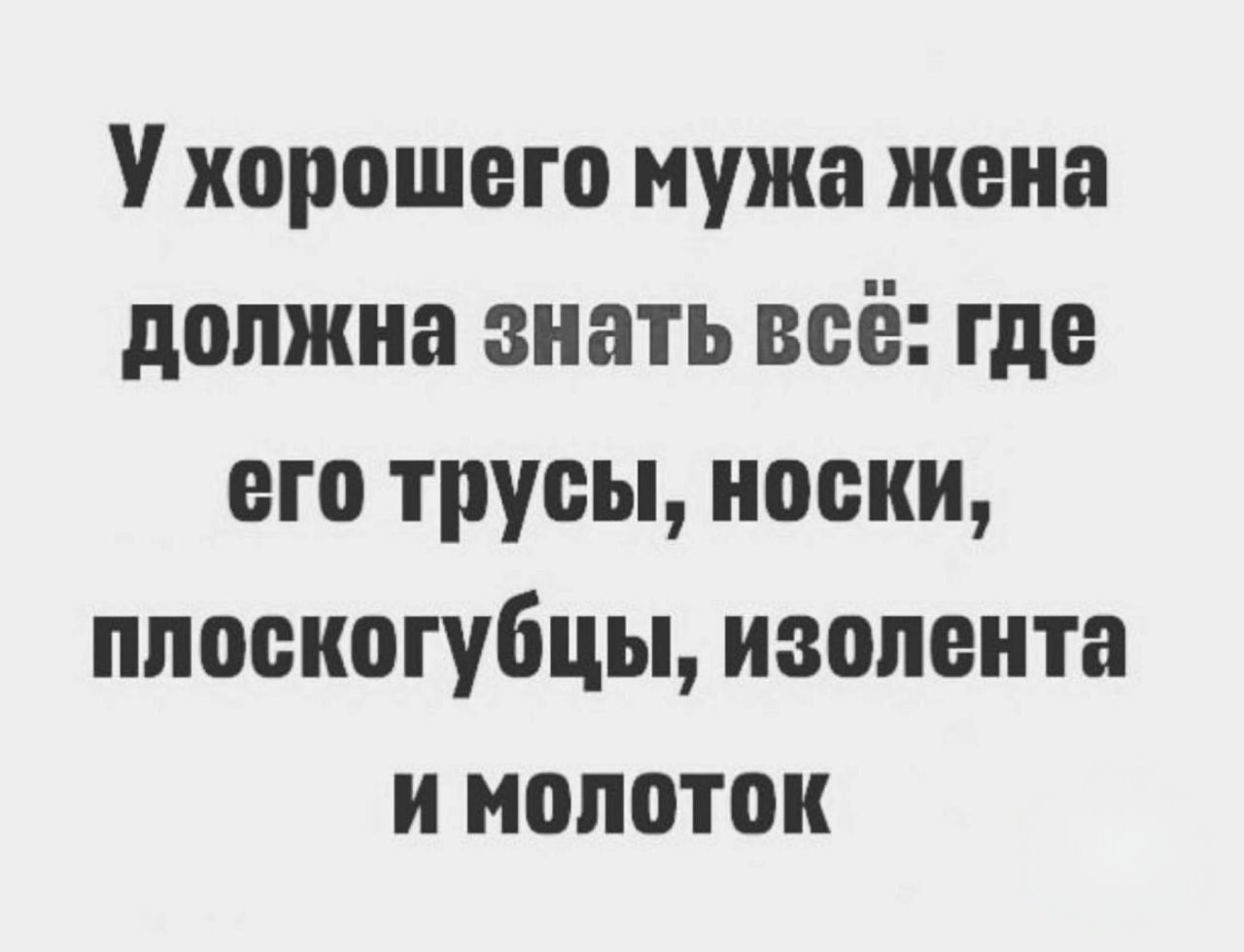У хорошего мужа жена должна знать всё: где его трусы, носки, плоскогубцы, изолента и молоток