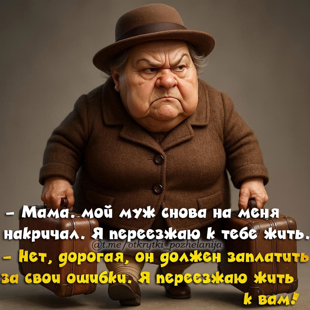 - Мама, мой муж снова на меня накричал. Я перезжю к тебе жить.
- Нет, дорогая, он должен заплатить за свои ошибки. Я перезжую жить к вам!