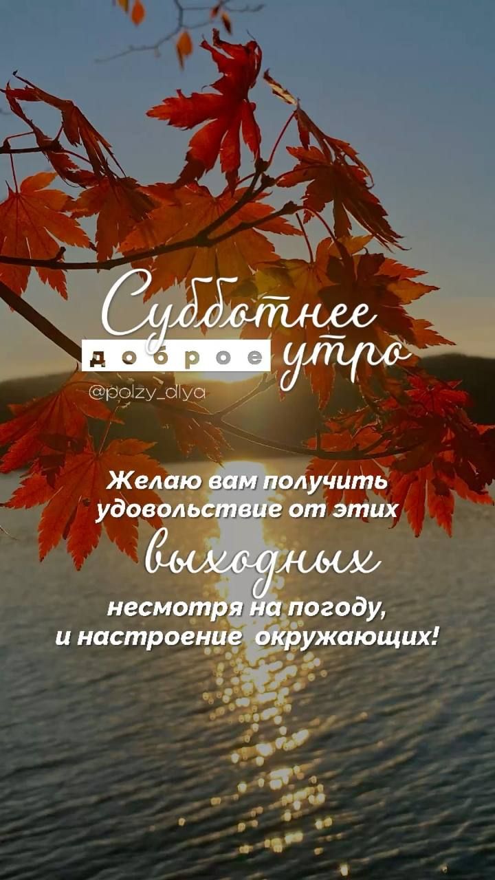 Субботнее доброе утро
Желаю вам получить удовольствие от этих выходных, несмотря на погоду, и настроение окружающих!