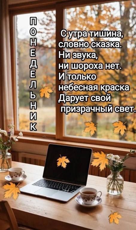 ПОНЕДЕЛЬНИК
С утра тишина, словно сказка.
Ни звука, ни шороха нет.
И только небесная краска
Дарует свой призрачный свет.