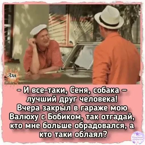 И все-таки, Сеня, собака – лучший друг человека! Вчера закрыл в гараже мою Валюху с Бобиком, так отгадай, кто мне больше обрадовался, а кто таки облялал?