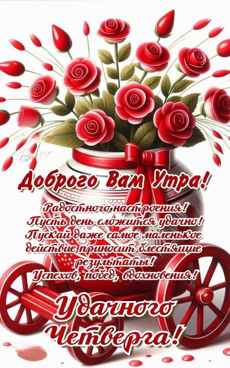 Доброго Вам Утра!
Радостного настроения!
Пусть день улыбнется удачно!
Пусть даже самое маленькое действие приносит блестящие результаты!
Успехов, побед, вдохновения!
Удачного Четверга!