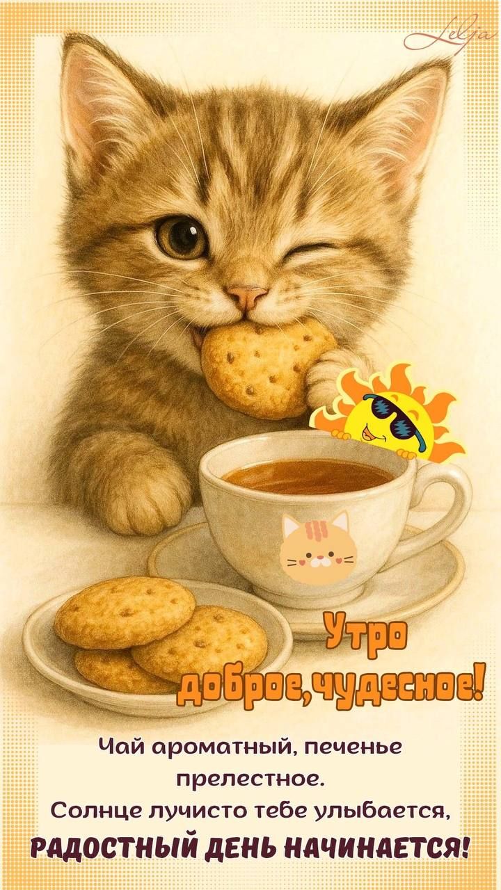 Утро доброе, чудесное!
Чай ароматный, печенье прелестное.
Солнце лучистое тебе улыбается,
РАДОСТНЫЙ ДЕНЬ НАЧИНАЕТСЯ!