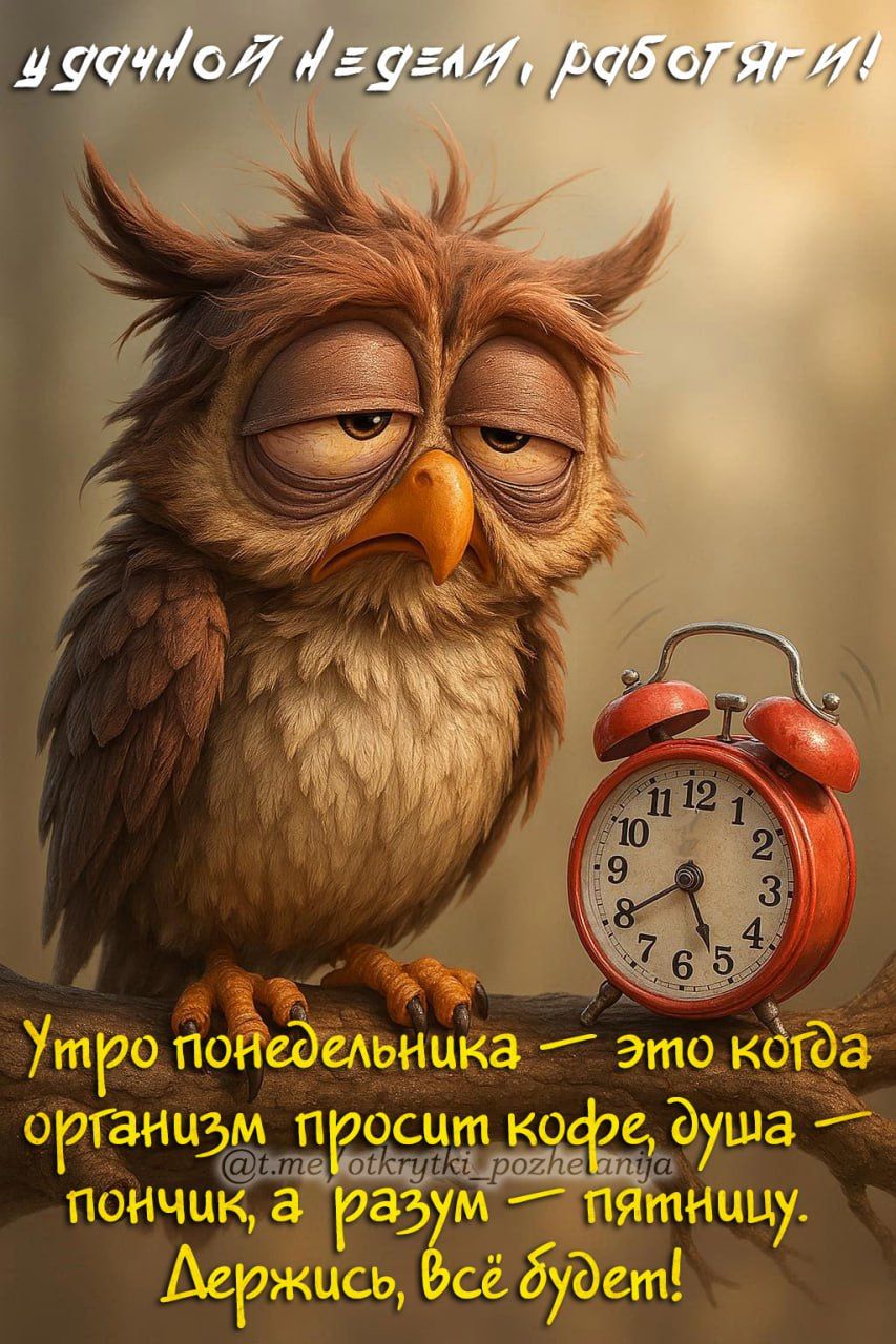 Удачной недели, работяги! Утро понедельника — это когда организм просит кофе, душа — пончик, а разум — пятницу. Держись, всё будет!