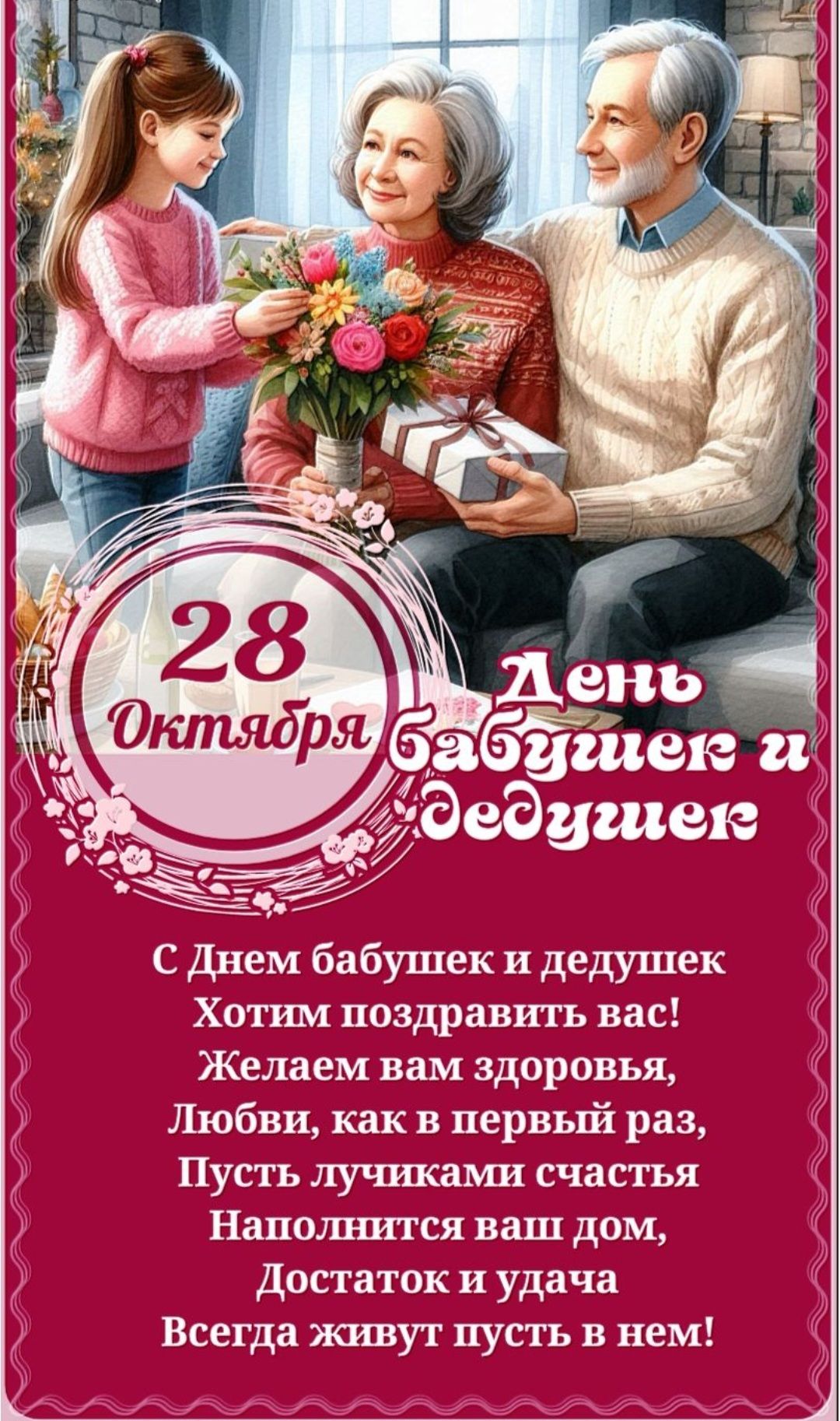 28 Октября
День бабушек и дедушек
С Днем бабушек и дедушек Хотим поздравить вас!
Желаем вам здоровья,
Любви, как в первый раз,
Пусть лучиками счастья
Наполнится ваш дом,
Достаток и удача
Всегда живут пусть в нем!