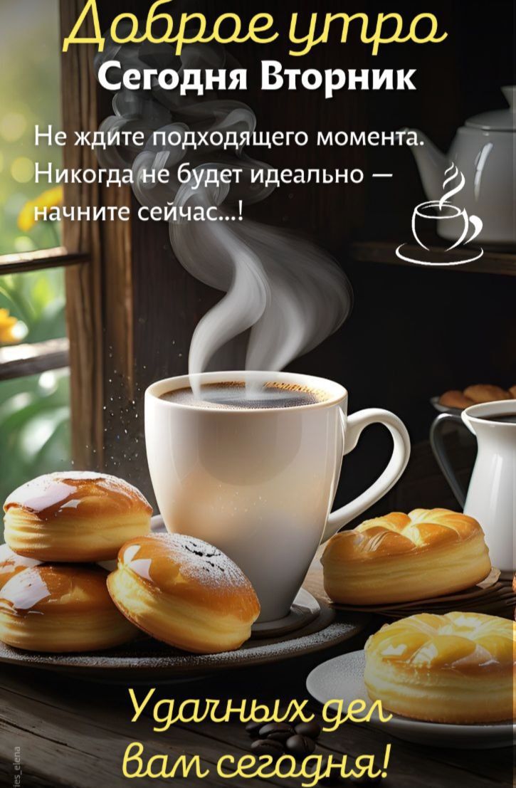 Доброе утро\nСегодня Вторник\nНе ждите подходящего момента.\nНикогда не будет идеально — начните сейчас...!\nУдачных дел вам сегодня!