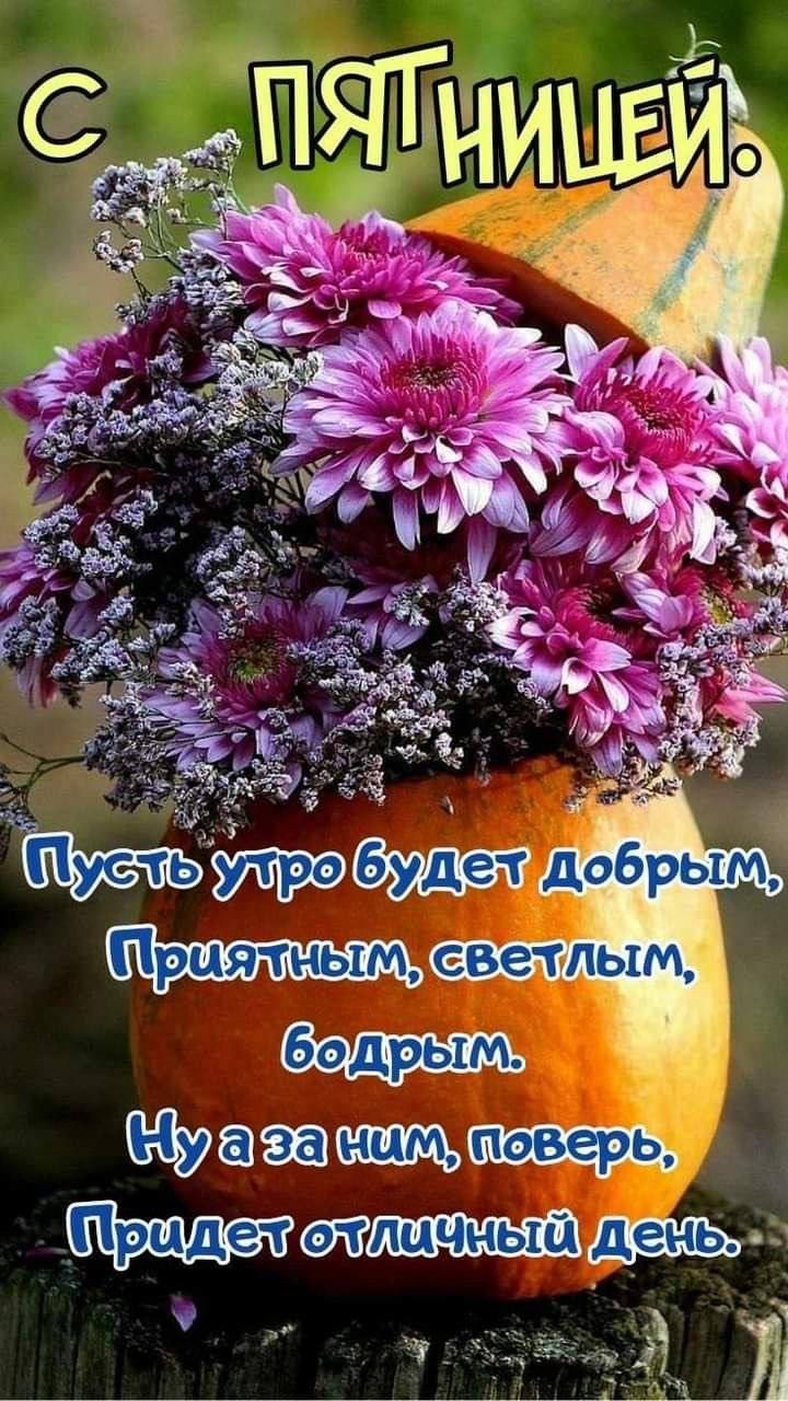 С пятницей. Пусть утро будет добрым, Приятным, светлым, бодрым. Ну а за ним, поверь, Придет отличный день.